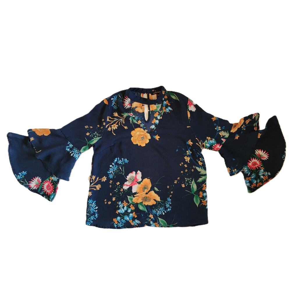 Womens Jealous Tomato Layered Bell Sleeve Top in Navy w/ Floral Pattern sz L